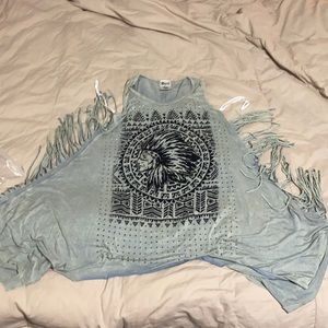 Saving sage fringe and bling top